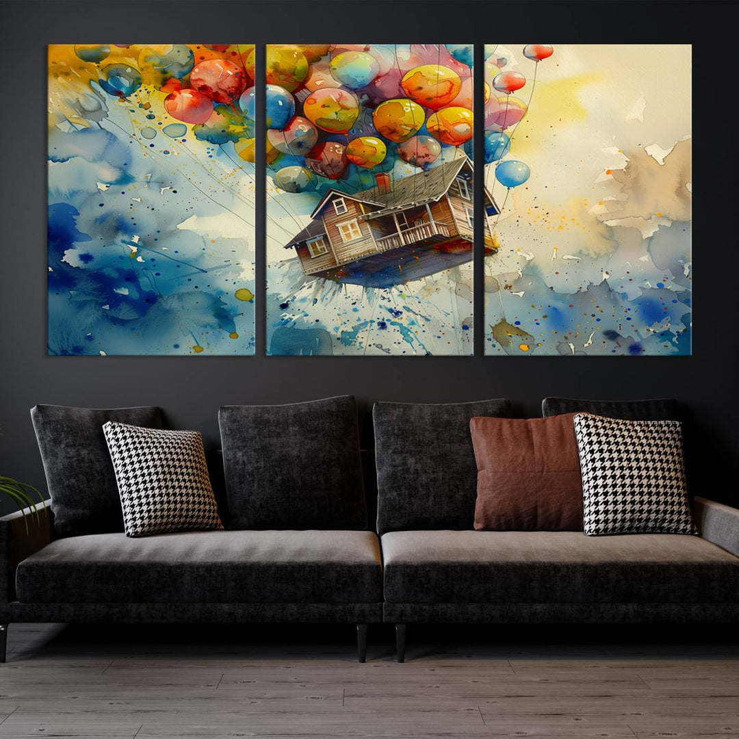 Disney Pixar Up Floating House Canvas Print, Vibrant Carl Fredricksen Balloon House and House Wall Art for Living Room or Office Decor, Ready to Hang