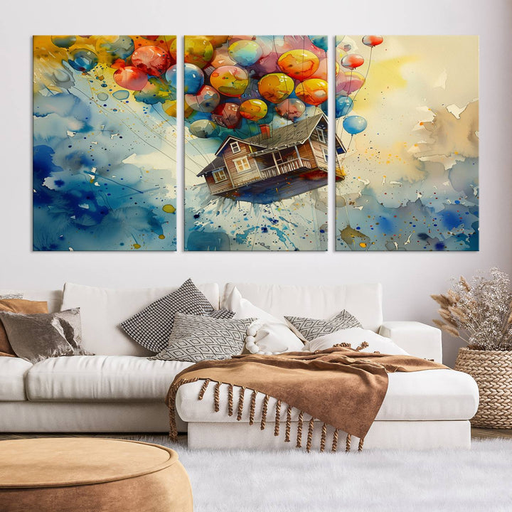 Disney Pixar Up Floating House Canvas Print, Vibrant Carl Fredricksen Balloon House and House Wall Art for Living Room or Office Decor, Ready to Hang