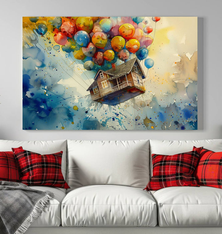 Disney Pixar Up Floating House Canvas Print, Vibrant Carl Fredricksen Balloon House and House Wall Art for Living Room or Office Decor, Ready to Hang