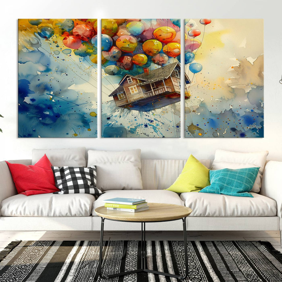 Disney Pixar Up Floating House Canvas Print, Vibrant Carl Fredricksen Balloon House and House Wall Art for Living Room or Office Decor, Ready to Hang