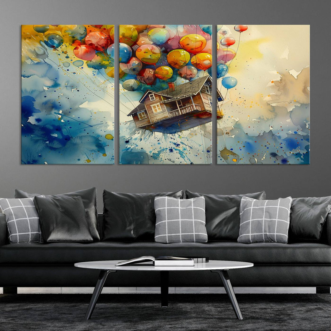 Disney Pixar Up Floating House Canvas Print, Vibrant Carl Fredricksen Balloon House and House Wall Art for Living Room or Office Decor, Ready to Hang