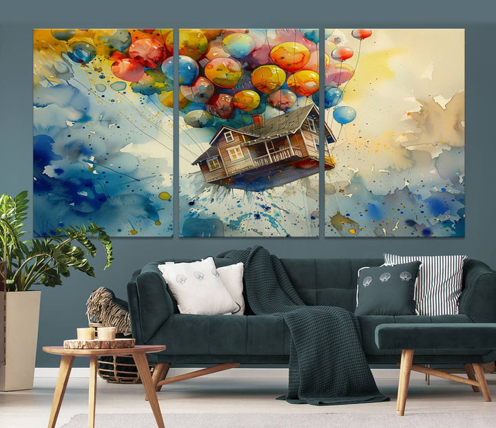 Disney Pixar Up Floating House Canvas Print, Vibrant Carl Fredricksen Balloon House and House Wall Art for Living Room or Office Decor, Ready to Hang