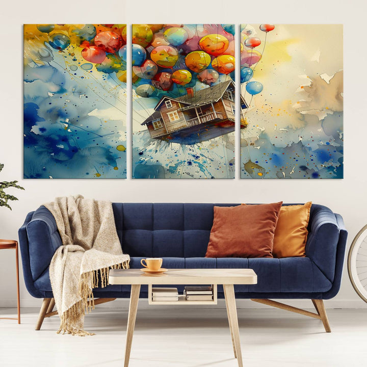 Disney Pixar Up Floating House Canvas Print, Vibrant Carl Fredricksen Balloon House and House Wall Art for Living Room or Office Decor, Ready to Hang