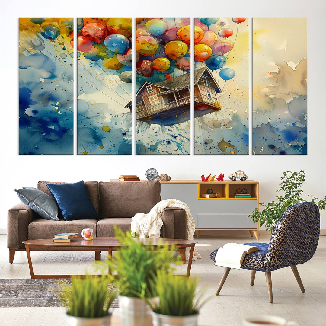 Disney Pixar Up Floating House Canvas Print, Vibrant Carl Fredricksen Balloon House and House Wall Art for Living Room or Office Decor, Ready to Hang