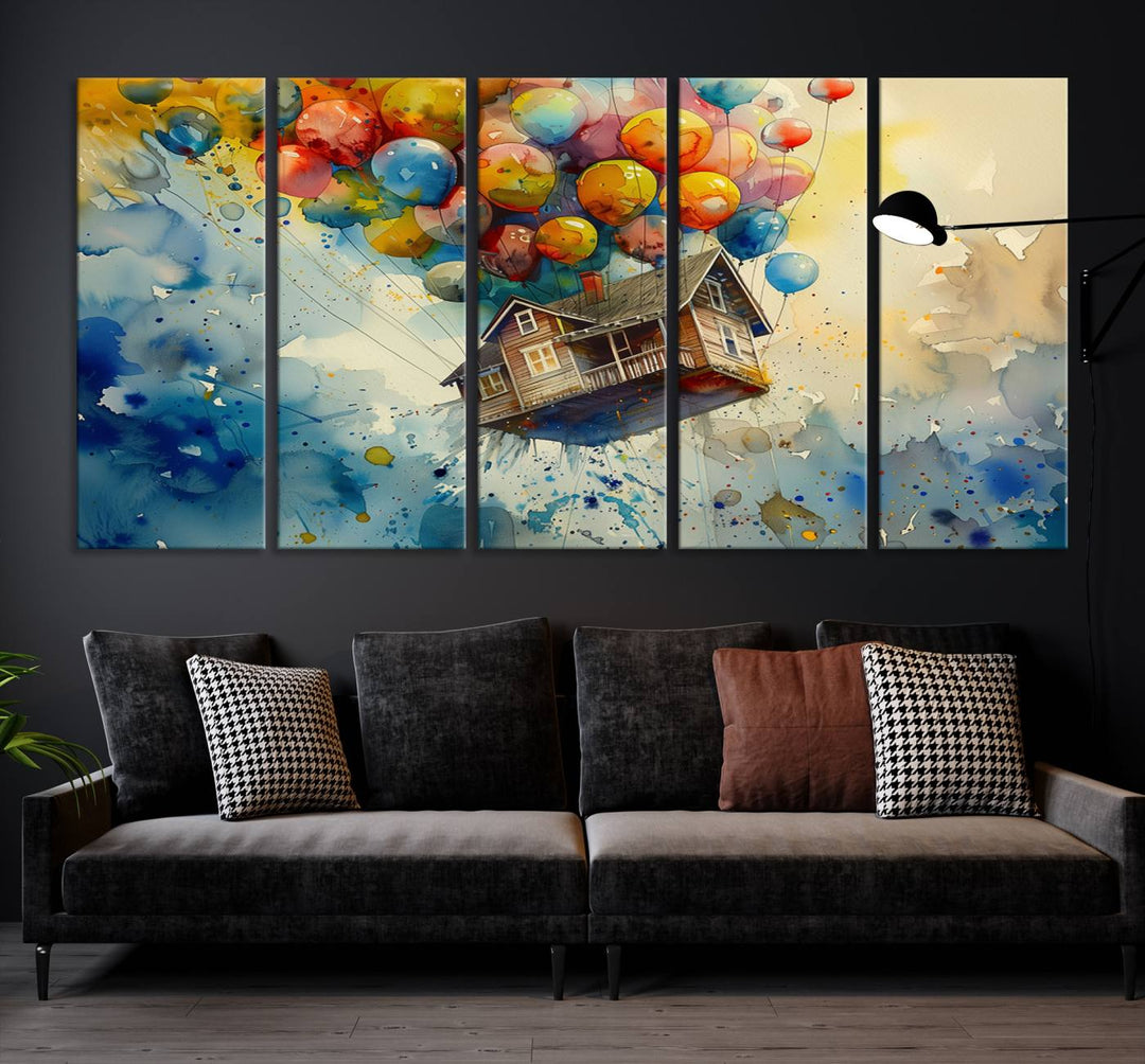 Disney Pixar Up Floating House Canvas Print, Vibrant Carl Fredricksen Balloon House and House Wall Art for Living Room or Office Decor, Ready to Hang