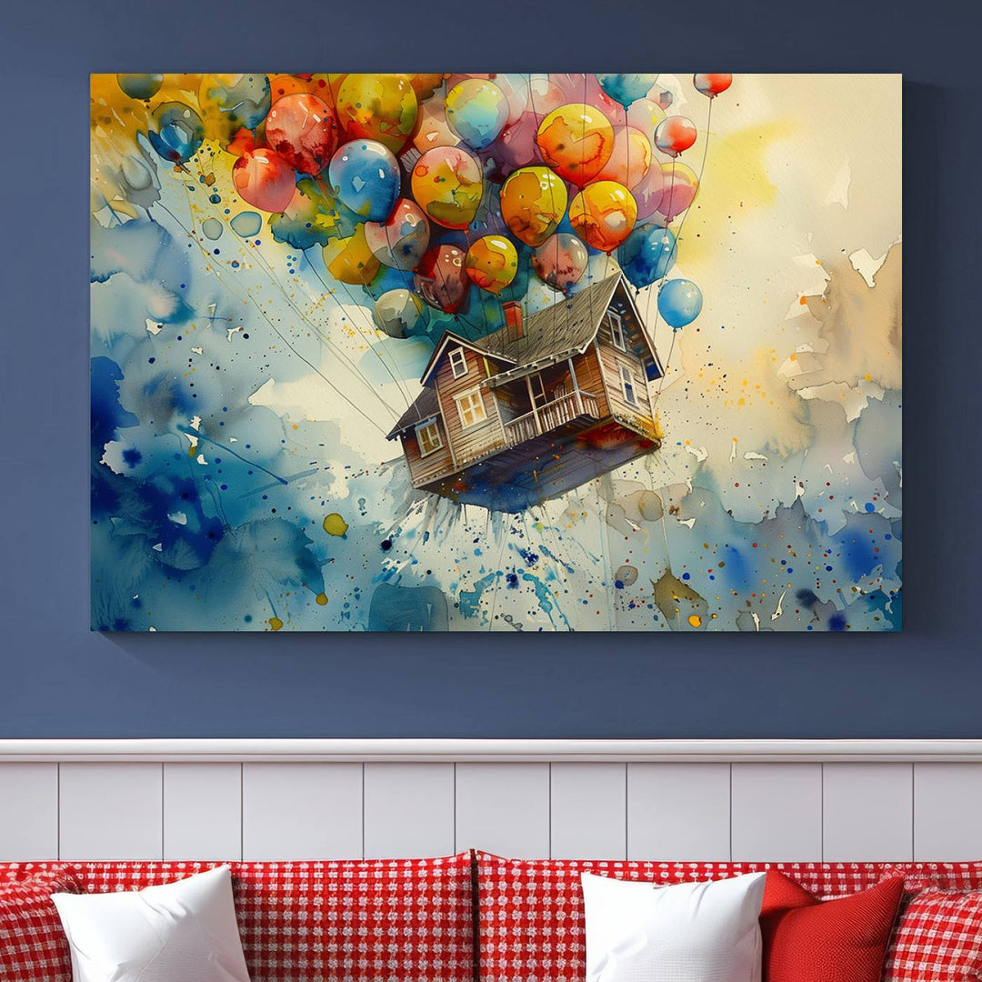 Disney Pixar Up Floating House Canvas Print, Vibrant Carl Fredricksen Balloon House and House Wall Art for Living Room or Office Decor, Ready to Hang