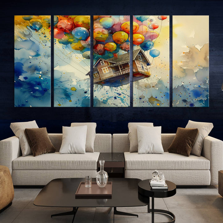 Disney Pixar Up Floating House Canvas Print, Vibrant Carl Fredricksen Balloon House and House Wall Art for Living Room or Office Decor, Ready to Hang