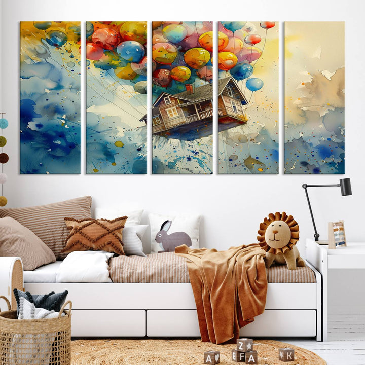 Disney Pixar Up Floating House Canvas Print, Vibrant Carl Fredricksen Balloon House and House Wall Art for Living Room or Office Decor, Ready to Hang