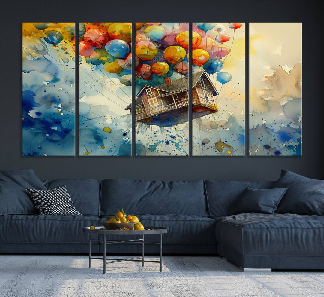 Disney Pixar Up Floating House Canvas Print, Vibrant Carl Fredricksen Balloon House and House Wall Art for Living Room or Office Decor, Ready to Hang