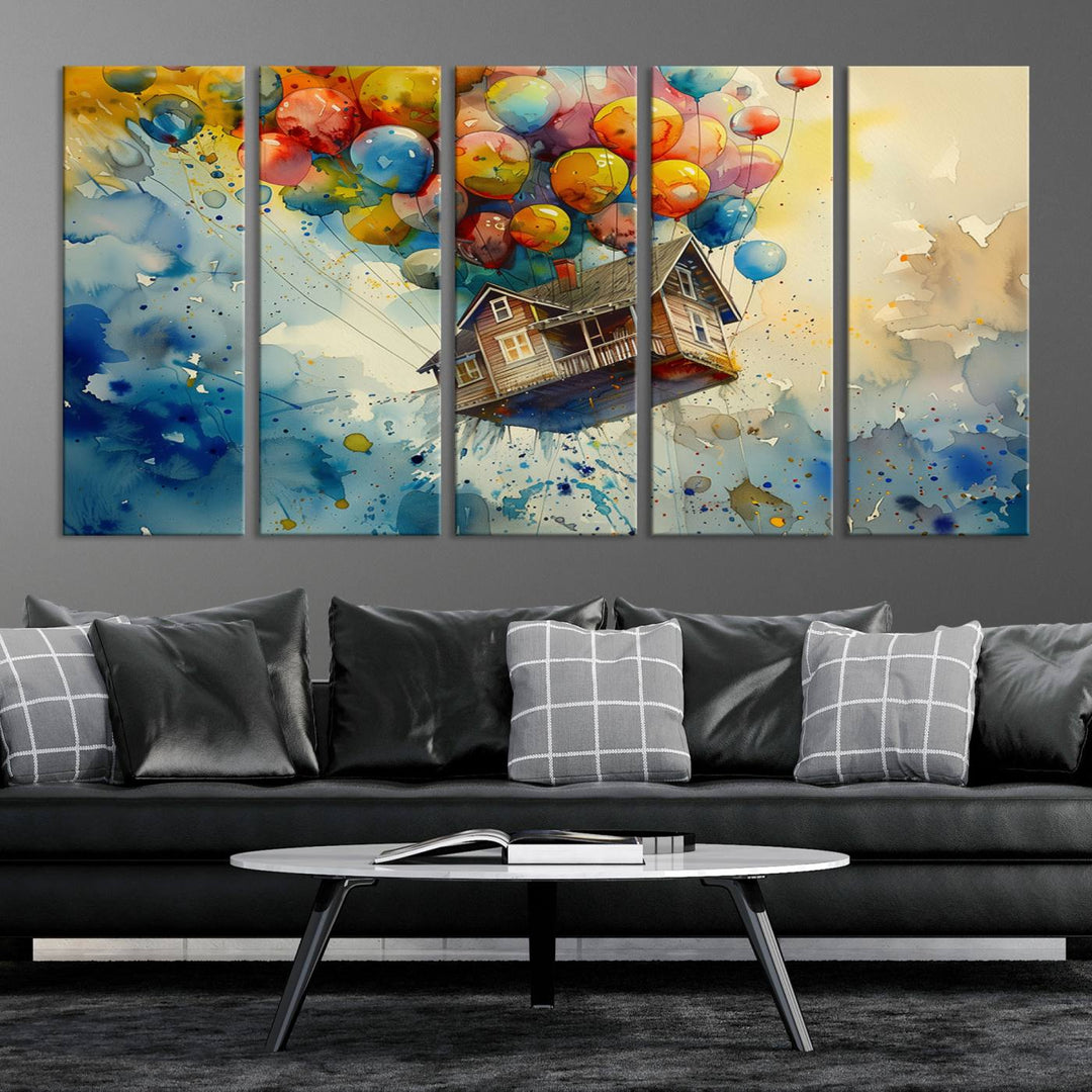 Disney Pixar Up Floating House Canvas Print, Vibrant Carl Fredricksen Balloon House and House Wall Art for Living Room or Office Decor, Ready to Hang