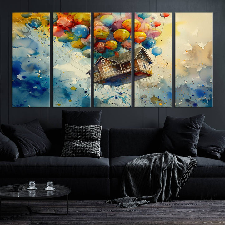 Disney Pixar Up Floating House Canvas Print, Vibrant Carl Fredricksen Balloon House and House Wall Art for Living Room or Office Decor, Ready to Hang