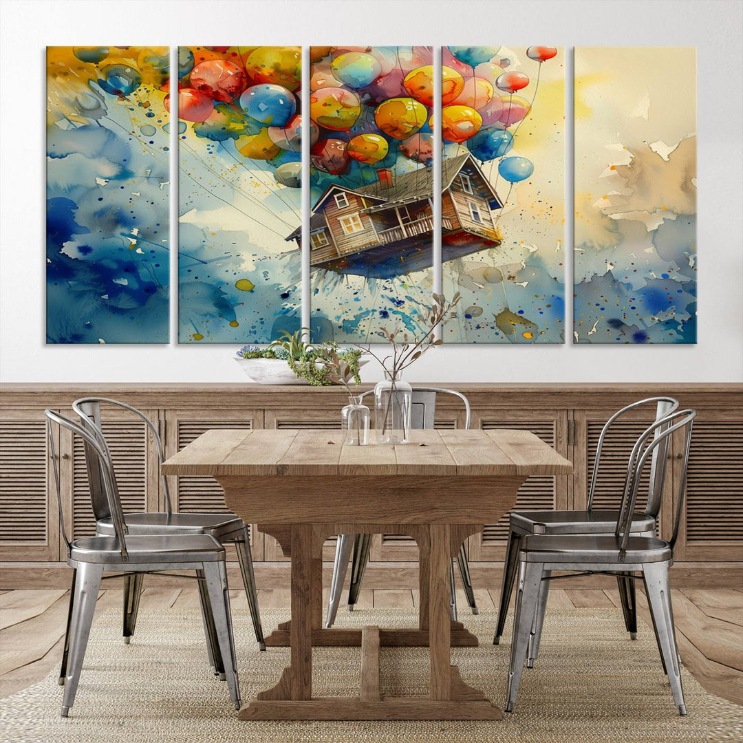 Disney Pixar Up Floating House Canvas Print, Vibrant Carl Fredricksen Balloon House and House Wall Art for Living Room or Office Decor, Ready to Hang