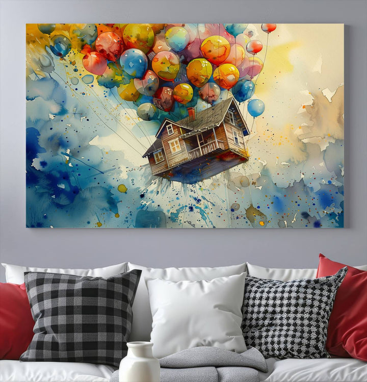 Disney Pixar Up Floating House Canvas Print, Vibrant Carl Fredricksen Balloon House and House Wall Art for Living Room or Office Decor, Ready to Hang