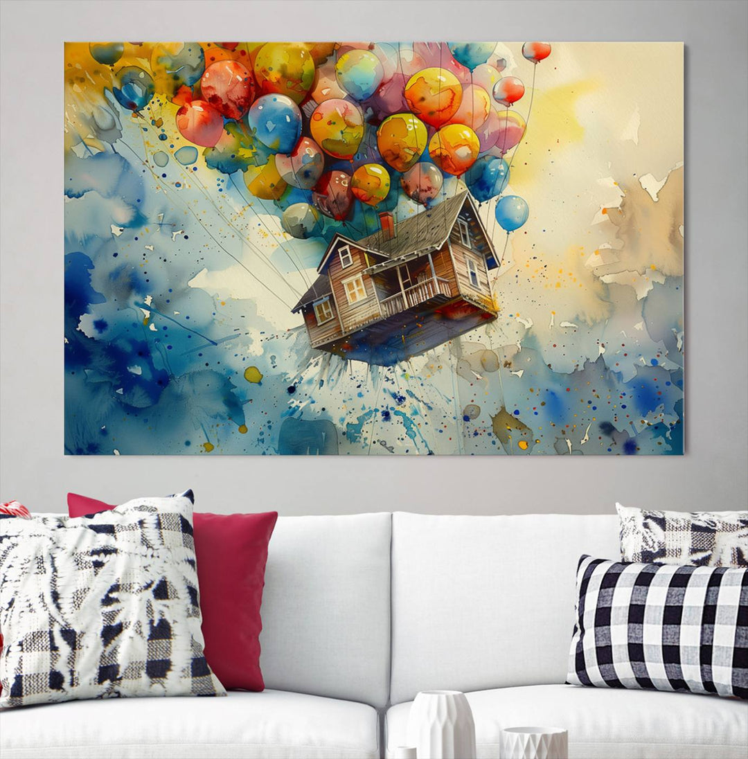 Disney Pixar Up Floating House Canvas Print, Vibrant Carl Fredricksen Balloon House and House Wall Art for Living Room or Office Decor, Ready to Hang