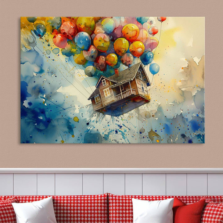 Disney Pixar Up Floating House Canvas Print, Vibrant Carl Fredricksen Balloon House and House Wall Art for Living Room or Office Decor, Ready to Hang