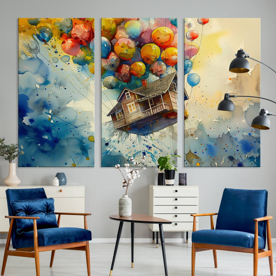 Disney Pixar Up Floating House Canvas Print, Vibrant Carl Fredricksen Balloon House and House Wall Art for Living Room or Office Decor, Ready to Hang