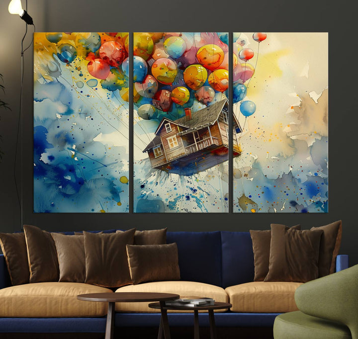 Disney Pixar Up Floating House Canvas Print, Vibrant Carl Fredricksen Balloon House and House Wall Art for Living Room or Office Decor, Ready to Hang