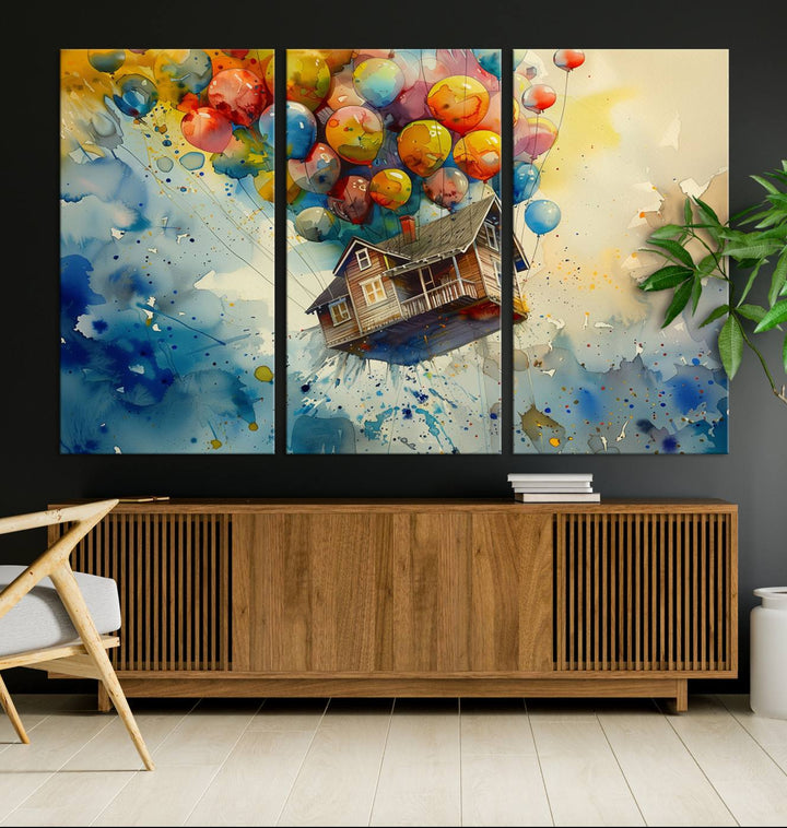 Disney Pixar Up Floating House Canvas Print, Vibrant Carl Fredricksen Balloon House and House Wall Art for Living Room or Office Decor, Ready to Hang