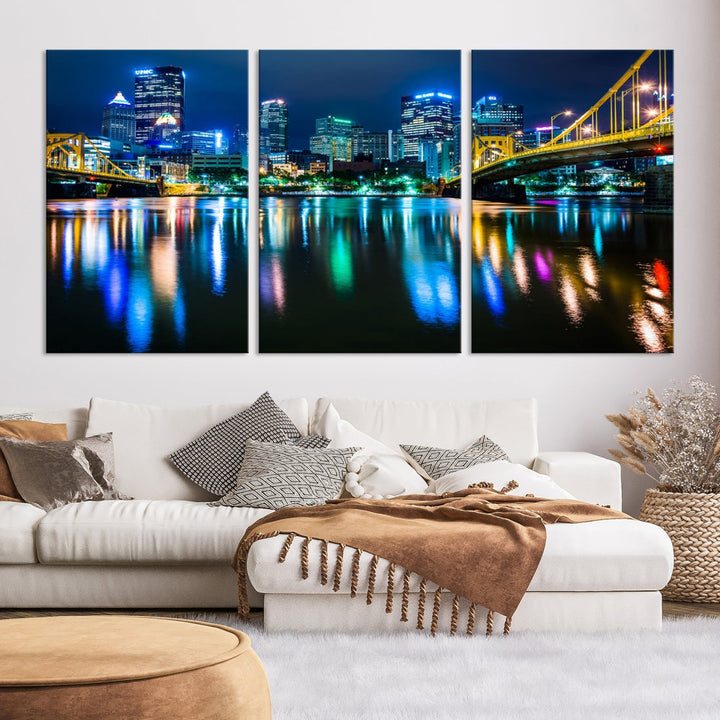 Downtown Pittsburgh at Night Canvas Wall Art Towers Skyline Canvas Print