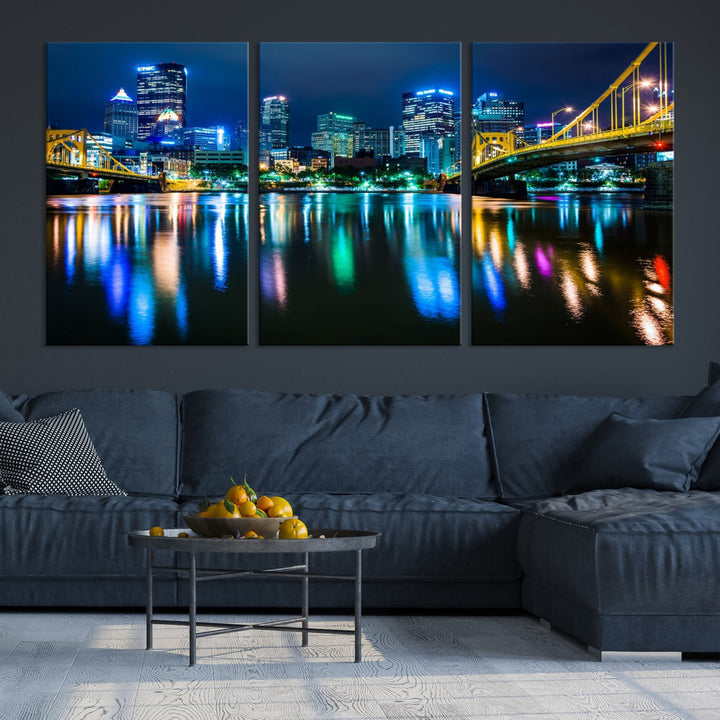 Downtown Pittsburgh at Night Canvas Wall Art Towers Skyline Canvas Print