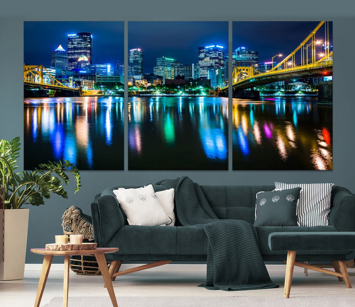 Downtown Pittsburgh at Night Canvas Wall Art Towers Skyline Canvas Print