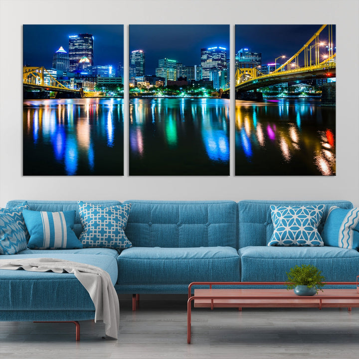 Downtown Pittsburgh at Night Canvas Wall Art Towers Skyline Canvas Print