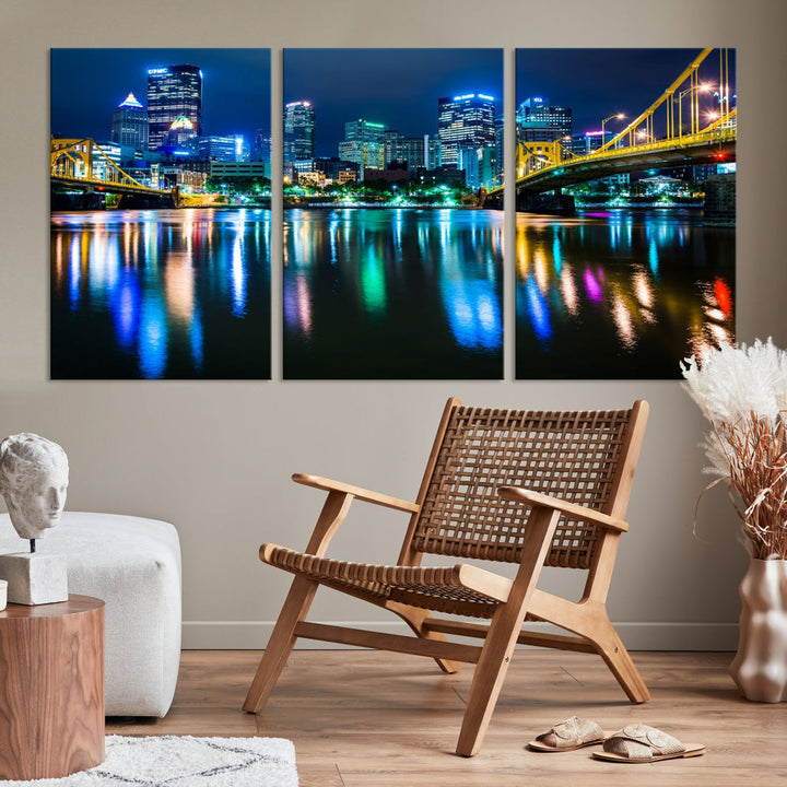 Downtown Pittsburgh at Night Canvas Wall Art Towers Skyline Canvas Print