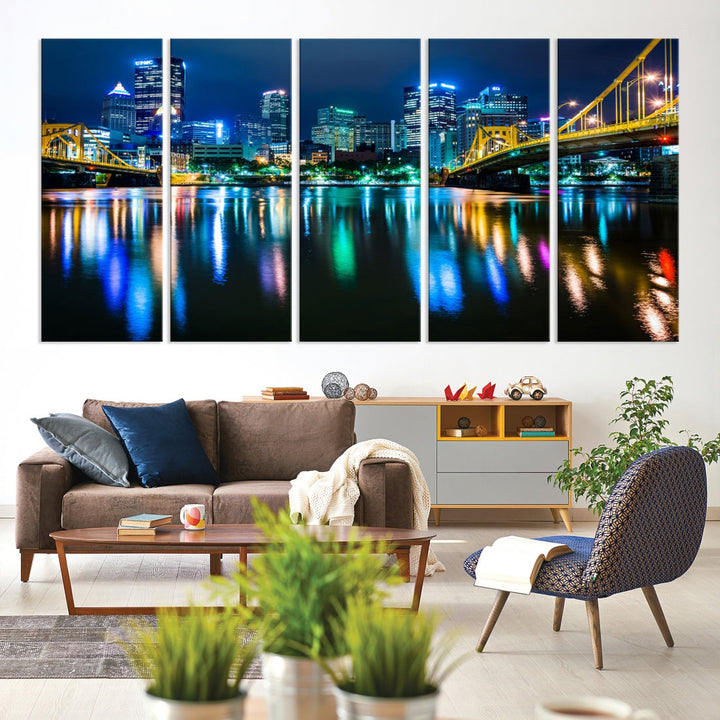 Downtown Pittsburgh at Night Canvas Wall Art Towers Skyline Canvas Print