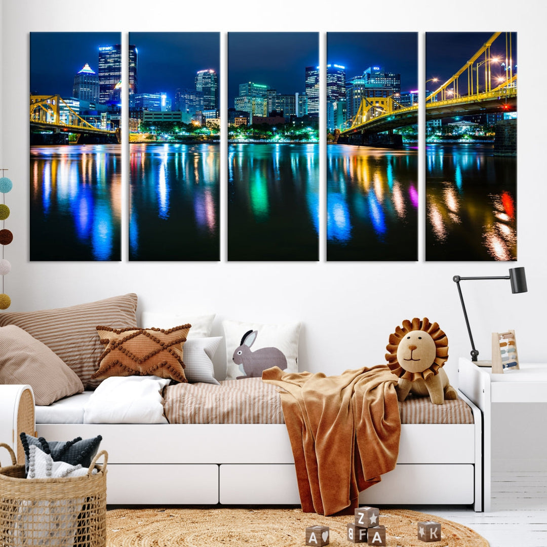 Downtown Pittsburgh at Night Canvas Wall Art Towers Skyline Canvas Print