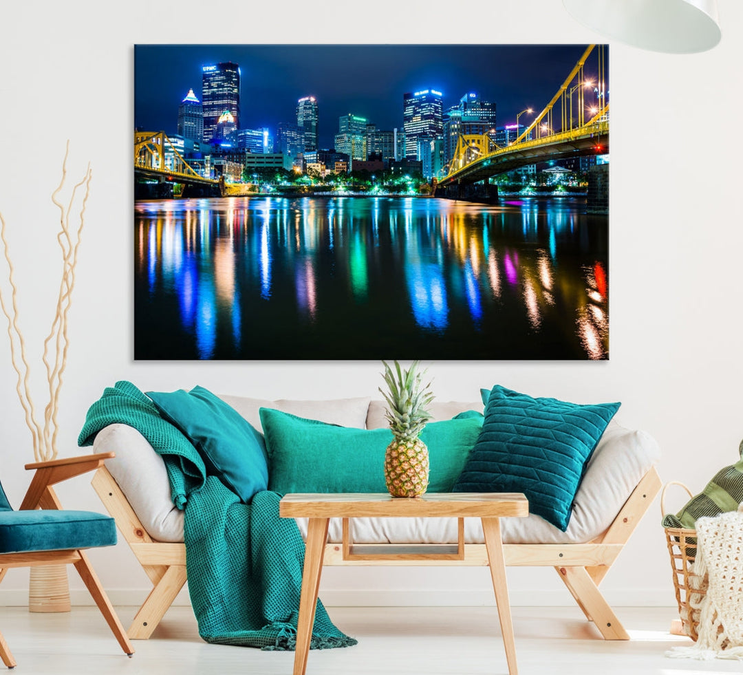 Downtown Pittsburgh at Night Canvas Wall Art Towers Skyline Canvas Print