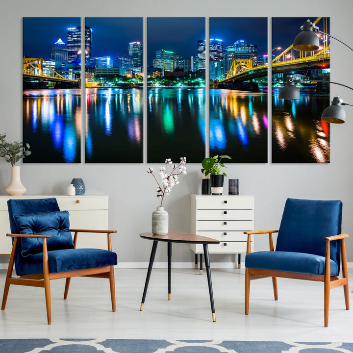 Downtown Pittsburgh at Night Canvas Wall Art Towers Skyline Canvas Print