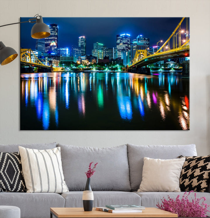 Downtown Pittsburgh at Night Canvas Wall Art Towers Skyline Canvas Print