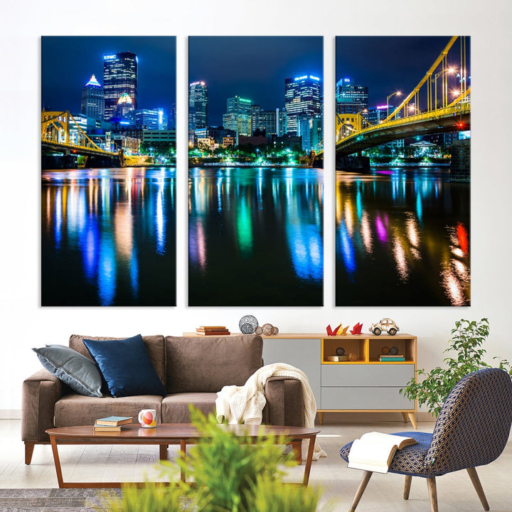 Downtown Pittsburgh at Night Canvas Wall Art Towers Skyline Canvas Print