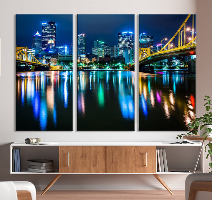 Downtown Pittsburgh at Night Canvas Wall Art Towers Skyline Canvas Print