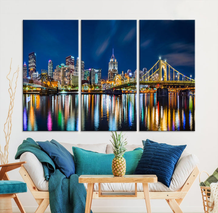 Downtown Pittsburgh Night Skyline Canvas Wall Art Cityscape Wall Decor