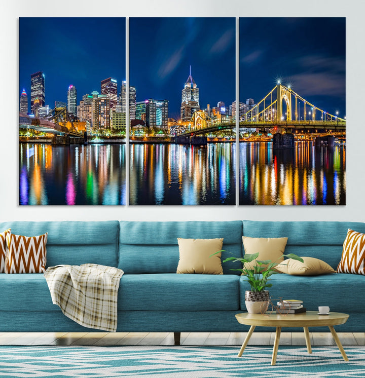 Downtown Pittsburgh Night Skyline Canvas Wall Art Cityscape Wall Decor