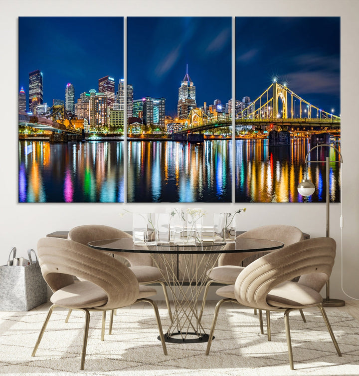 Downtown Pittsburgh Night Skyline Canvas Wall Art Cityscape Wall Decor