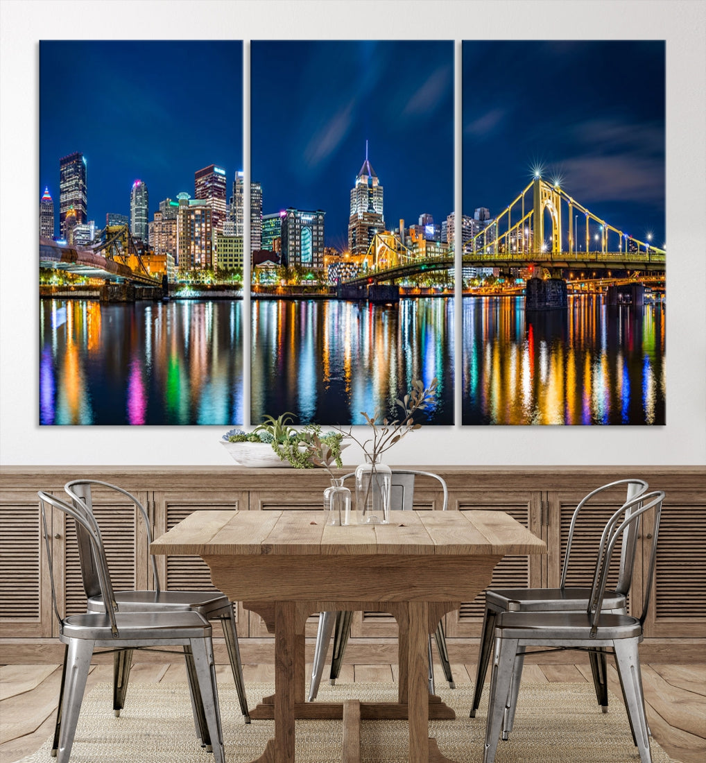 Downtown Pittsburgh Night Skyline Canvas Wall Art Cityscape Wall Decor