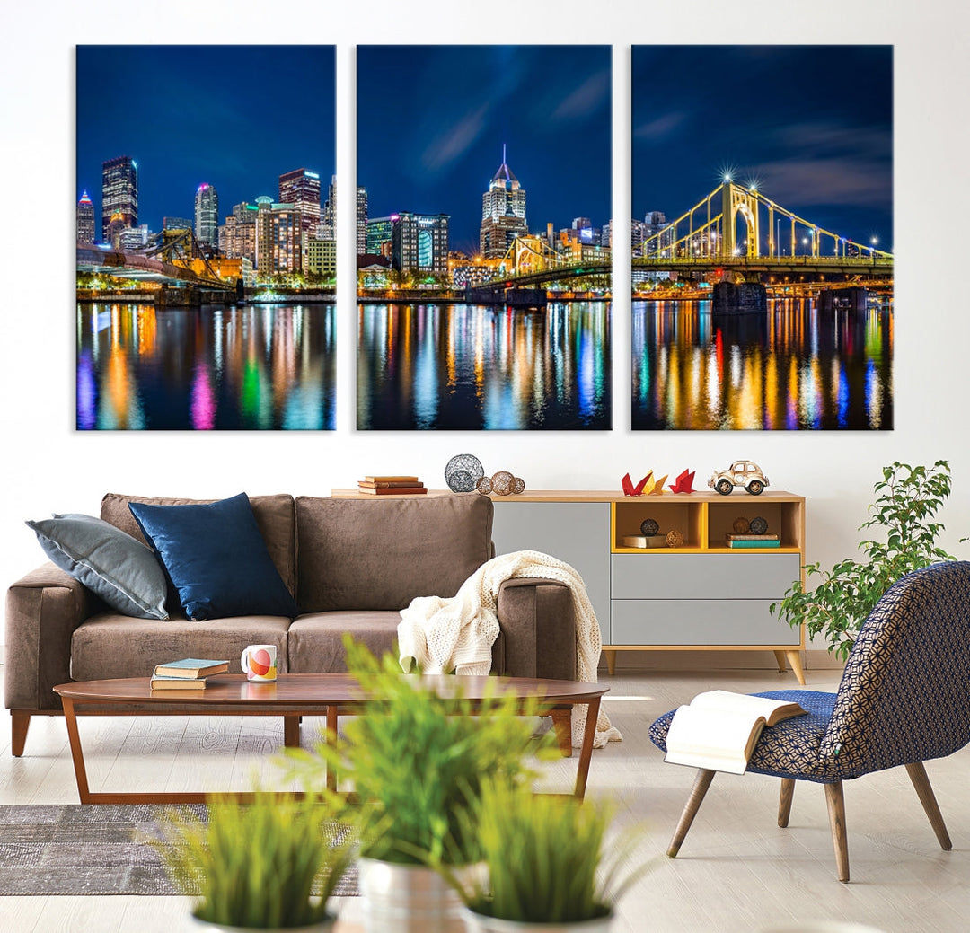 Downtown Pittsburgh Night Skyline Canvas Wall Art Cityscape Wall Decor