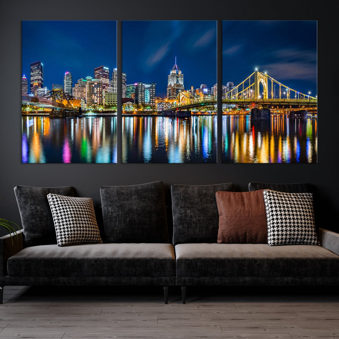 Downtown Pittsburgh Night Skyline Canvas Wall Art Cityscape Wall Decor