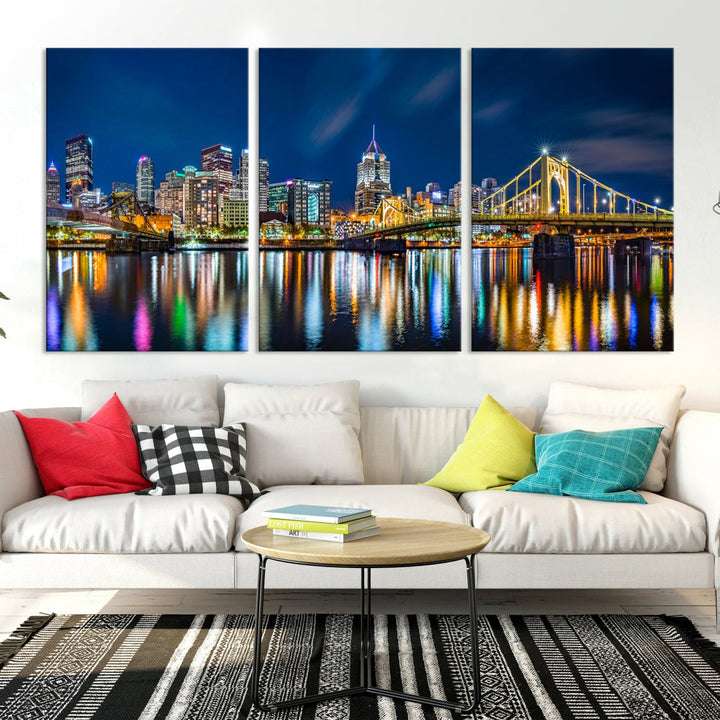 Downtown Pittsburgh Night Skyline Canvas Wall Art Cityscape Wall Decor