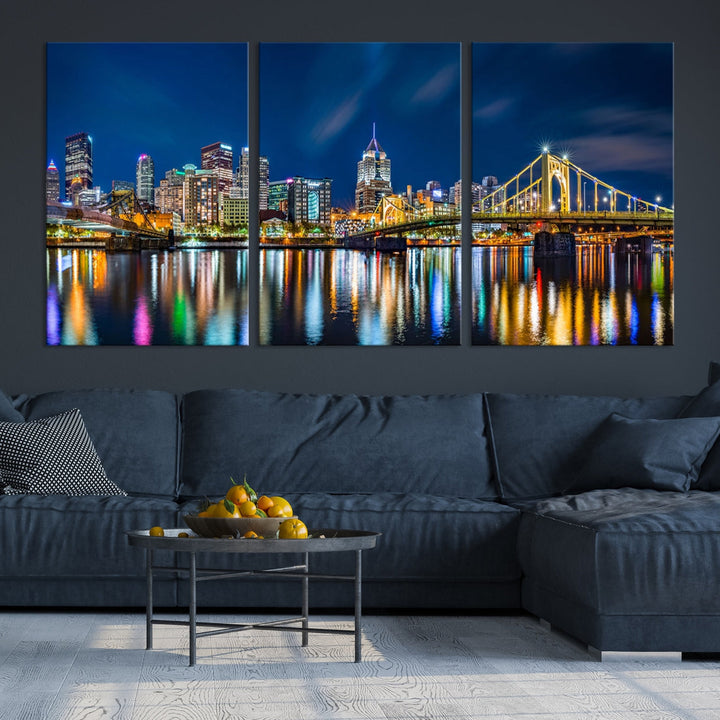 Downtown Pittsburgh Night Skyline Canvas Wall Art Cityscape Wall Decor