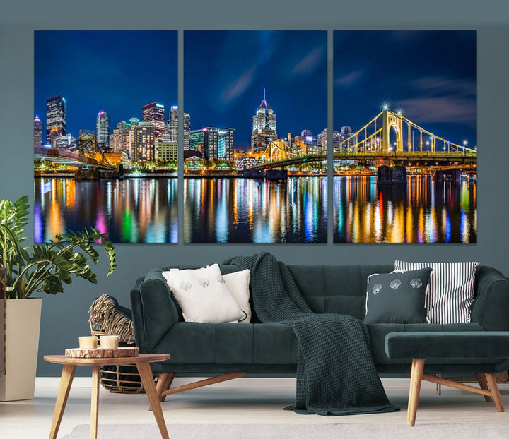 Downtown Pittsburgh Night Skyline Canvas Wall Art Cityscape Wall Decor