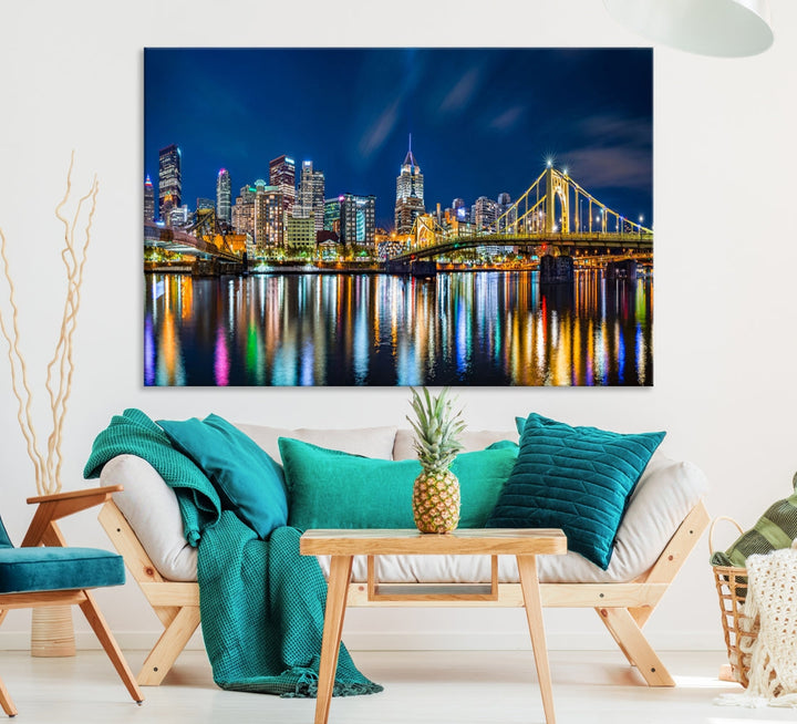 Downtown Pittsburgh Night Skyline Canvas Wall Art Cityscape Wall Decor