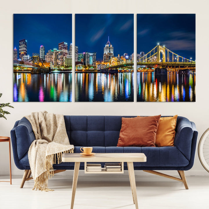 Downtown Pittsburgh Night Skyline Canvas Wall Art Cityscape Wall Decor