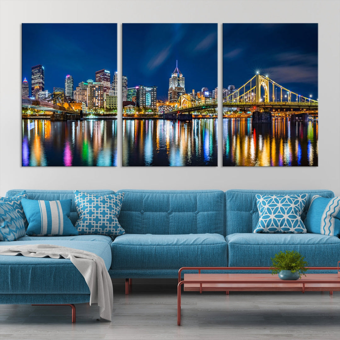 Downtown Pittsburgh Night Skyline Canvas Wall Art Cityscape Wall Decor