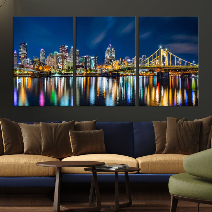 Downtown Pittsburgh Night Skyline Canvas Wall Art Cityscape Wall Decor