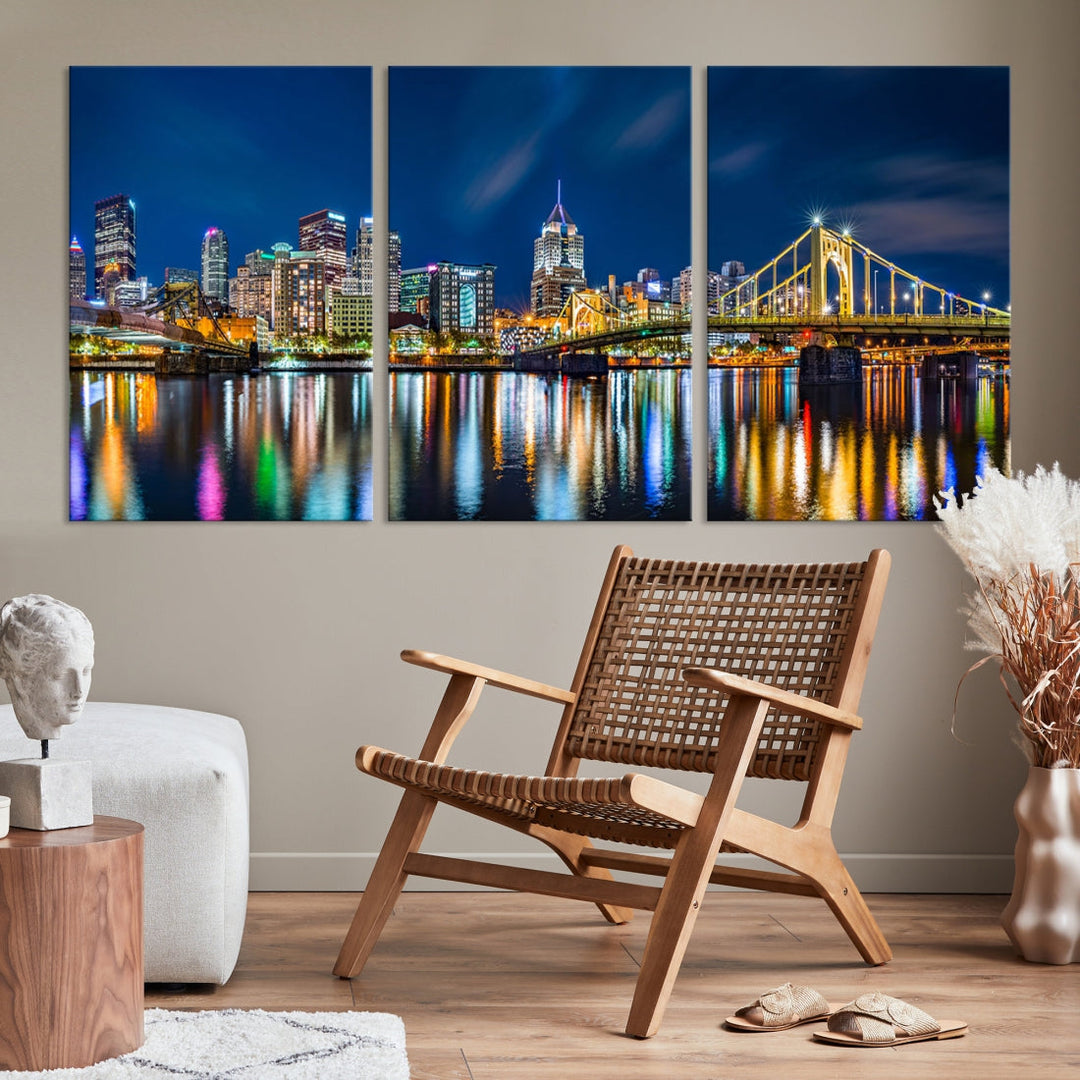 Downtown Pittsburgh Night Skyline Canvas Wall Art Cityscape Wall Decor