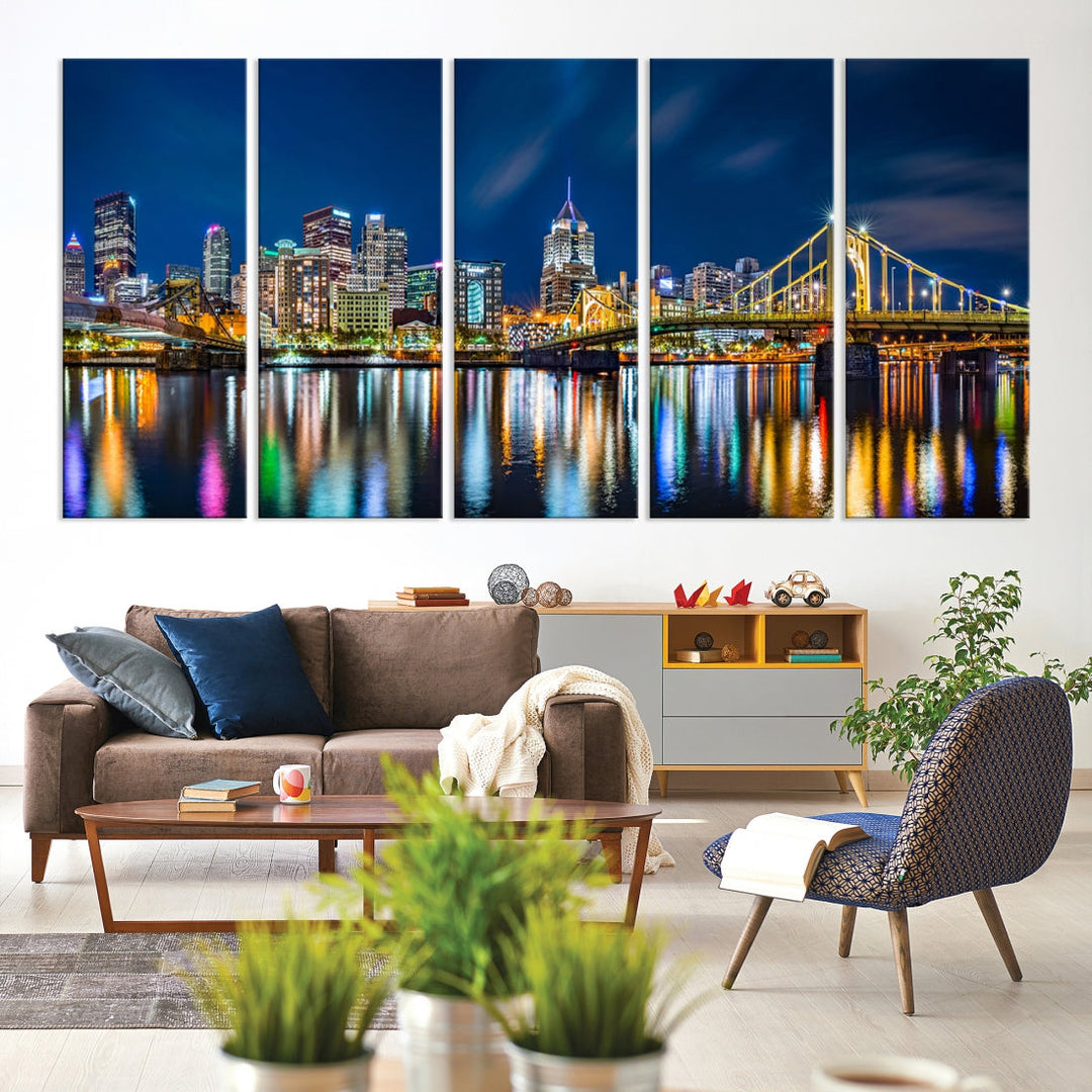 Downtown Pittsburgh Night Skyline Canvas Wall Art Cityscape Wall Decor