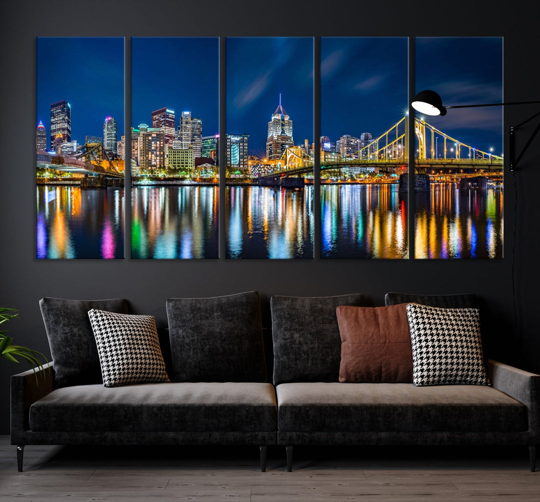 Downtown Pittsburgh Night Skyline Canvas Wall Art Cityscape Wall Decor